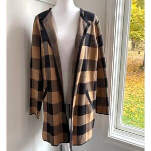 J.Crew Plaid Open Front Cardigan Tunic Black Brown Sweater Small Oversized‎